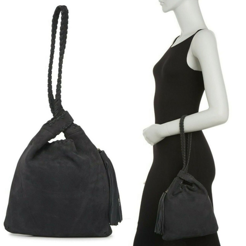 HOBO Black Suede Braided Wristlet Drawstring Clutch